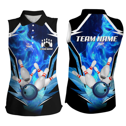 Blue Flame Bowling Ball and Pins Bowling Sleeveless Polo Shirts for Women Custom Bowling Team jersey NQS9283