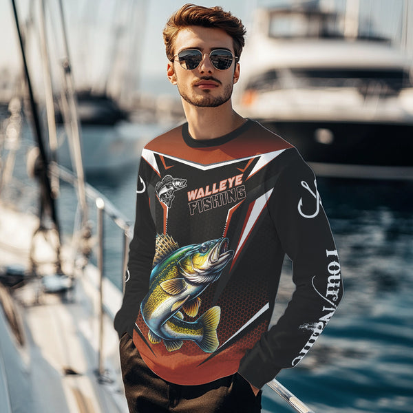 Black and Orange Walleye Long Sleeve Fishing Shirt, Personalized Walleye Fishing Tounament Jersey NQS9772