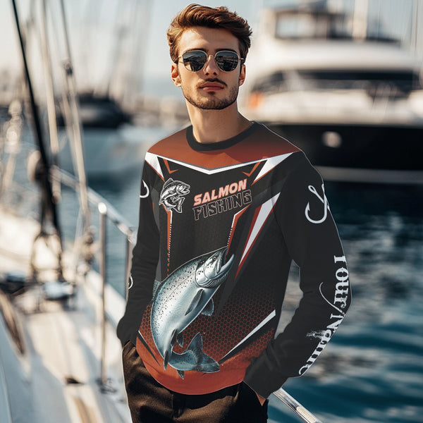 Black & Orange Chinook Salmon Long Sleeve Fishing Shirt, Personalized Salmon Fishing Tounament Jersey NQS9773
