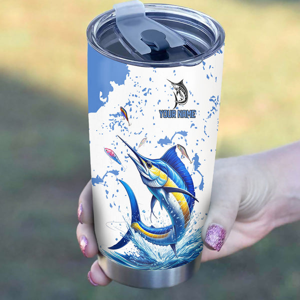 1PC Personalized Blue and white Marlin Fishing Custom Name Marlin Fishing Tumbler Cup, Fishing gifts NQS9906