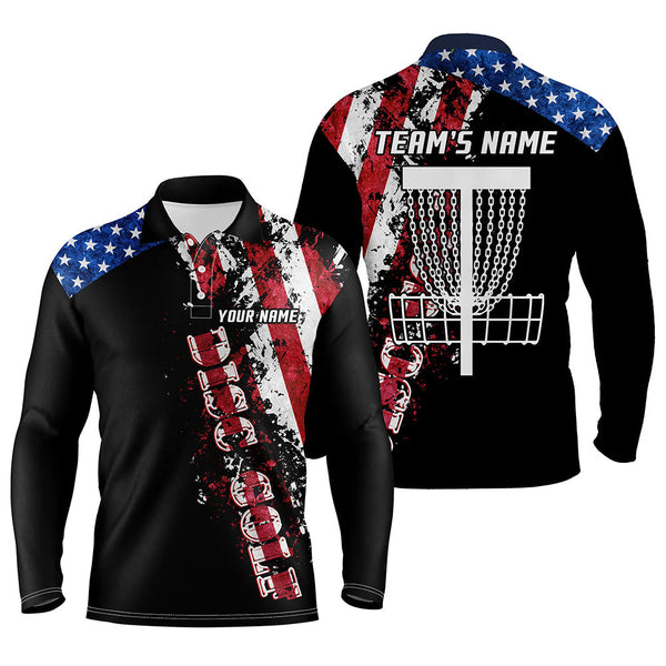 American flag patriotic Mens disc golf polo shirt custom team disc golf basket shirts | Black NQS5569