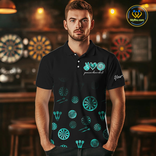 Personalized Turquoise Black Camo Darts Shirts For Men Custom Peace Love Darts Team Jerseys NQS10542