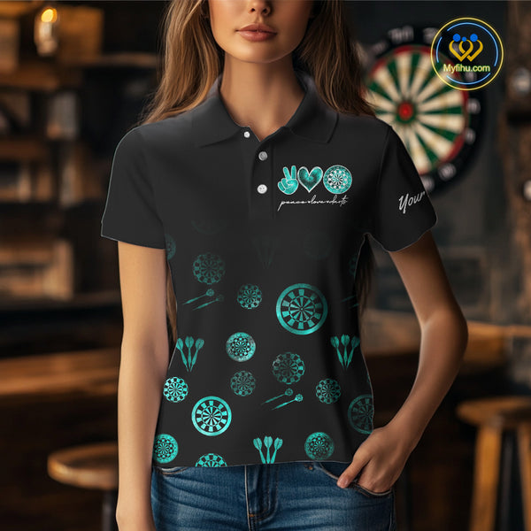 Personalized Turquoise Black Camo Darts Shirts For Women Custom Peace Love Darts Team Jerseys NQS10542