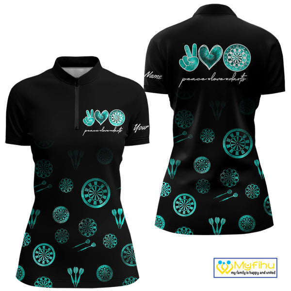Personalized Turquoise Black Camo Darts Shirts For Women Custom Peace Love Darts Team Jerseys NQS10542