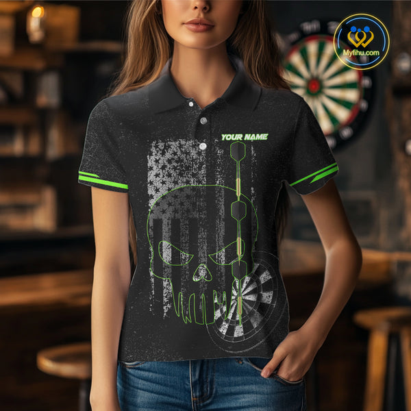 Black & White grunge American Flag Skull Women Darts Shirt Custom patriotic Team Darts Jersey | Green NQS10748