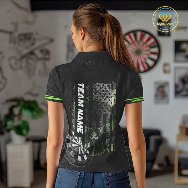 Black & White grunge American Flag Skull Women Darts Shirt Custom patriotic Team Darts Jersey | Green NQS10748