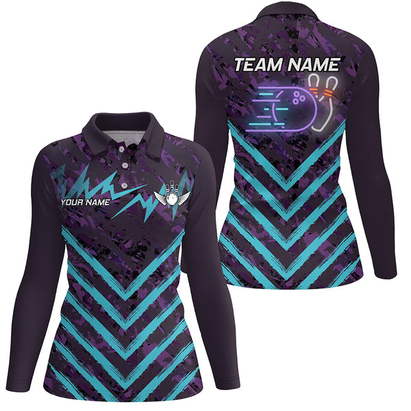 Purple Camo Lightning Storm Bowling Shirts For Women Custom Bowling Team Jerseys with name | Cyan Blue NQS8811