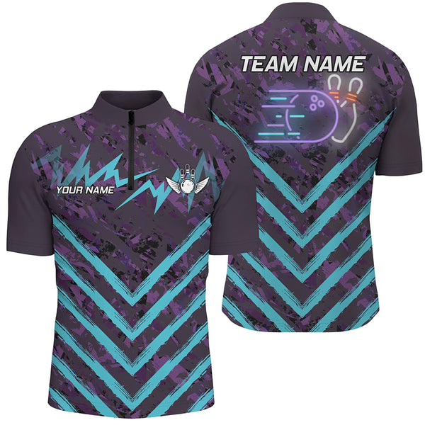 Purple Camo Lightning Storm Bowling Shirts For Men Custom Bowling Team Jerseys with name | Cyan Blue NQS8811