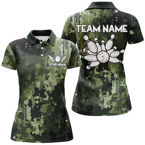 Green Camo  Bowling Polo, Quarter Zip Shirts For Women Custom Bowling Team Jerseys, Gift For Bowlers NQS9058