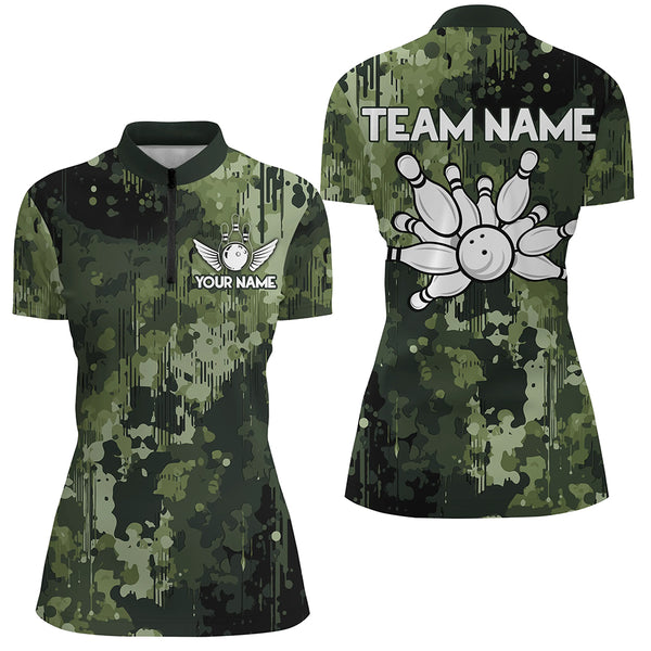 Green Camo  Bowling Polo, Quarter Zip Shirts For Women Custom Bowling Team Jerseys, Gift For Bowlers NQS9058