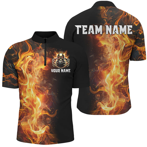 Flame Skull Black Bowling Shirts For Men Custom Team Bowling Jerseys, gift for bowlers NQS8369