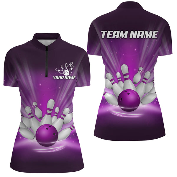 Purple light Bowling Polo, Quarter Zip Shirts For Women Custom Bowling Team League Uniform NQS8818