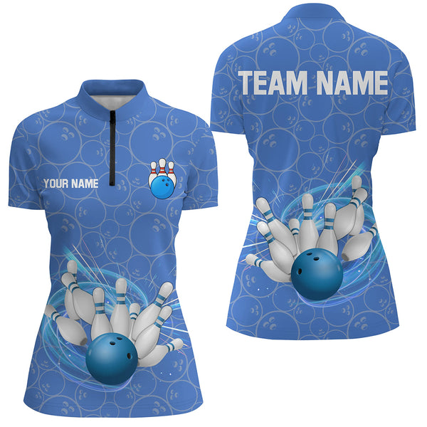 Blue Camo Bowling Polo, Quarter Zip Shirts For Women Custom Bowling Team League Uniform Jerseys NQS8819