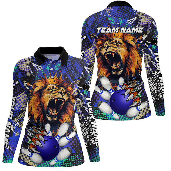 Blue Camo Lion roar Bowling Polo, Quarter Zip Shirts for Women Custom Lion Bowling Team jerseys NQS9293