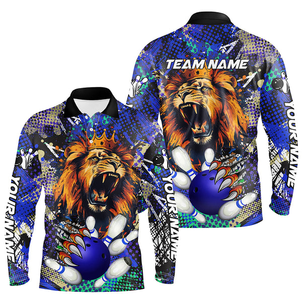 Blue Camo Lion roar Bowling Polo, Quarter Zip Shirts for Men Custom Lion Bowling Team jerseys NQS9293