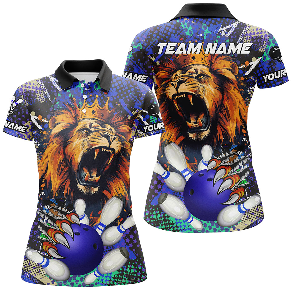 Blue Camo Lion roar Bowling Polo, Quarter Zip Shirts for Women Custom Lion Bowling Team jerseys NQS9293