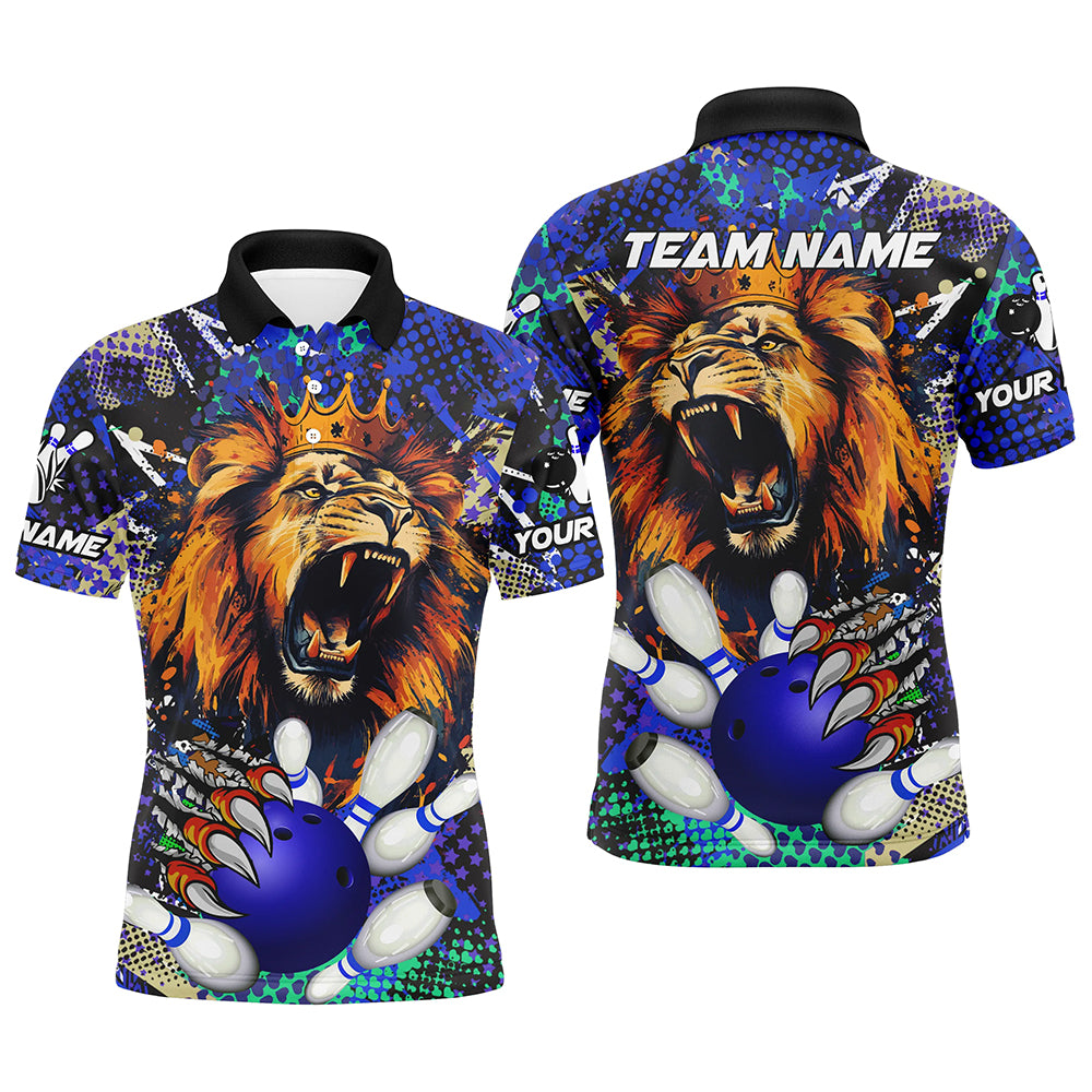 Blue Camo Lion roar Bowling Polo, Quarter Zip Shirts for Men Custom Lion Bowling Team jerseys NQS9293