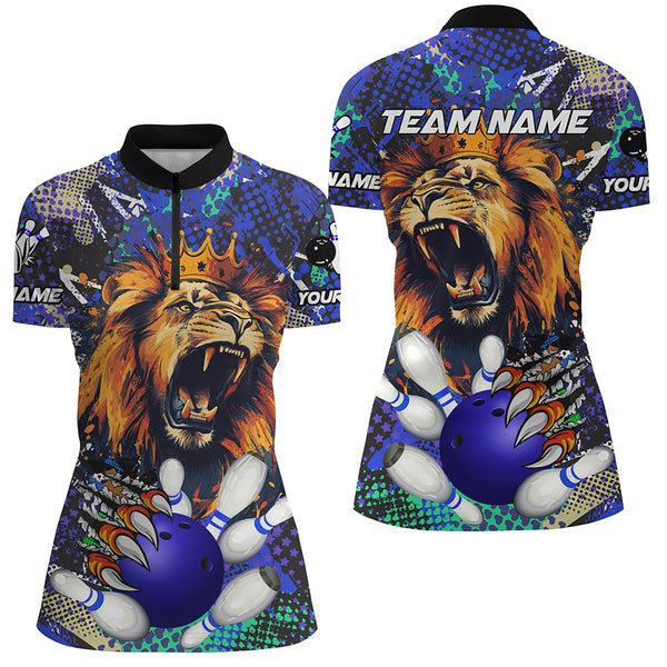 Blue Camo Lion roar Bowling Polo, Quarter Zip Shirts for Women Custom Lion Bowling Team jerseys NQS9293