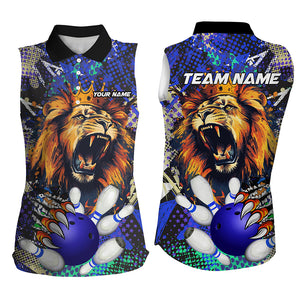 Blue Camo Lion roar Bowling Sleeveless Polo Shirt Custom Lion Bowling Team jerseys NQS9293