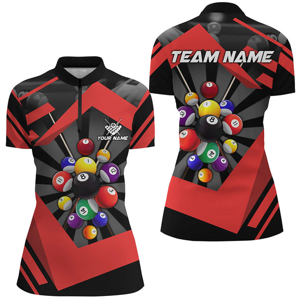Personalized Red Jerseys Billiard Balls Polo & Quarter-Zip Shirt For Women, 8 Ball Pool Player Shirts TDM1716