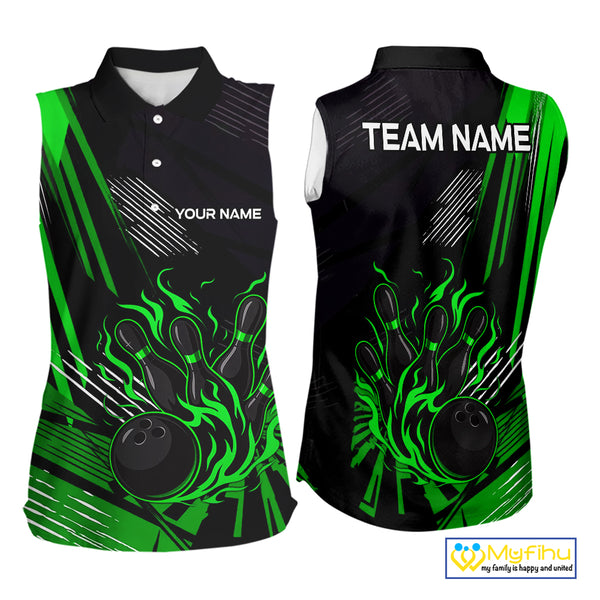 Black and Green Flame Bowling sleeveless polo Shirts Custom Bowling Outfit Team Jerseys NQS10193