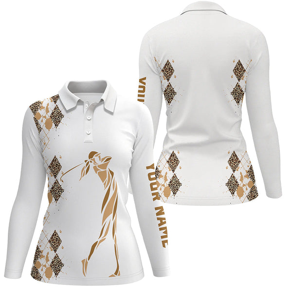 Leopard argyle pattern white Women golf polo shirts custom golf wear for women, unique golf gifts NQS8378