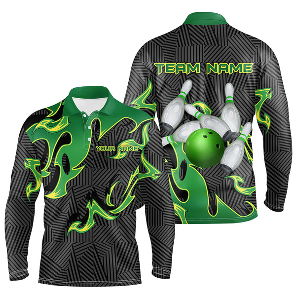 Green Flame Black Camo Bowling Polo, Quarter zip Shirt For Men Custom Team League Bowling Jerseys NQS8825