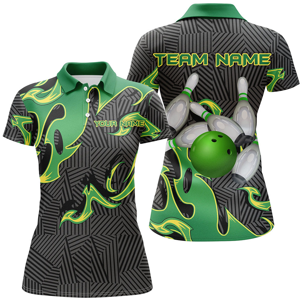 Green Flame Black Camo Bowling Polo, Quarter zip Shirt For Women Custom Team League Bowling Jerseys NQS8825