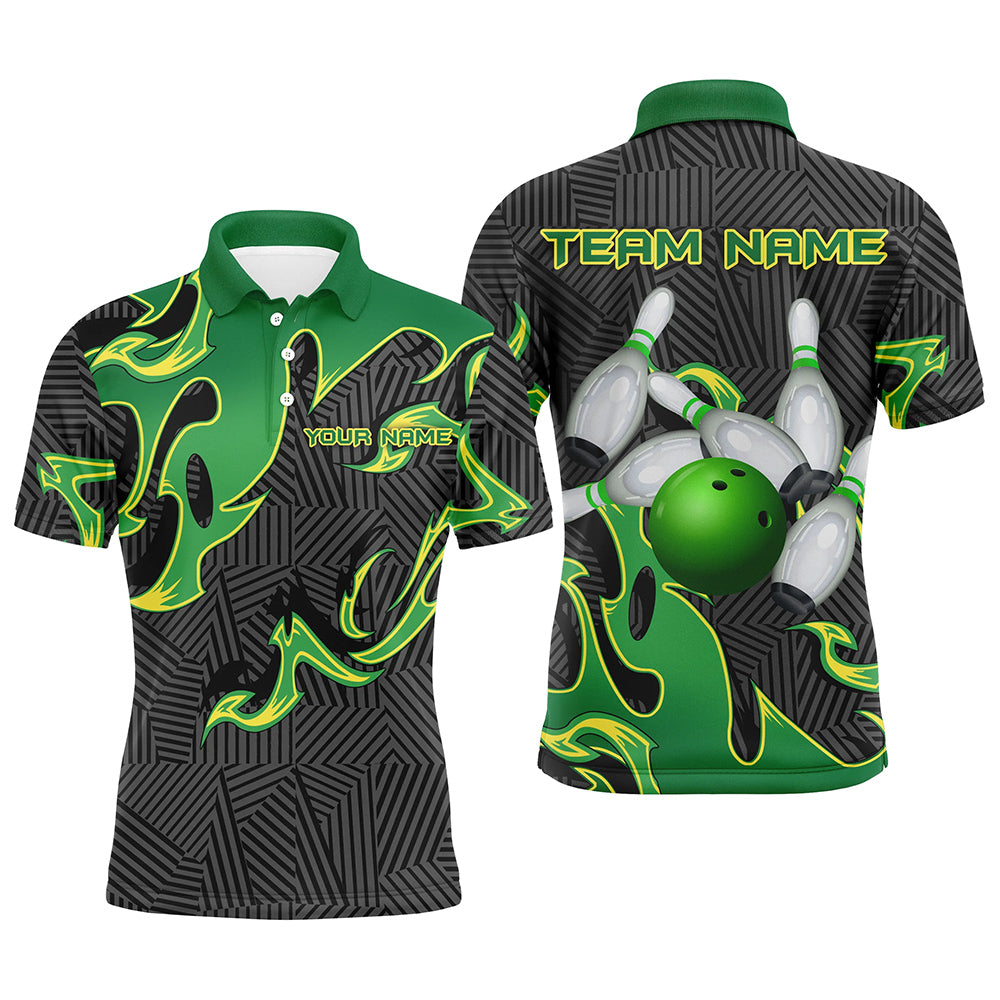 Green Flame Black Camo Bowling Polo, Quarter zip Shirt For Men Custom Team League Bowling Jerseys NQS8825