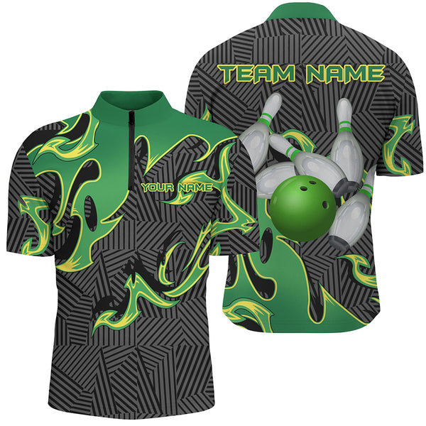 Green Flame Black Camo Bowling Polo, Quarter zip Shirt For Men Custom Team League Bowling Jerseys NQS8825