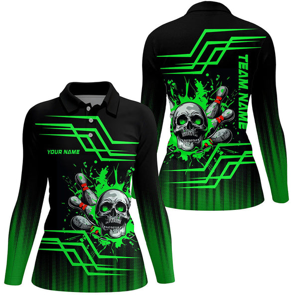 Black and green bowling skull polo, Quarter zip Shirts for women Custom team Bowling jerseys NQS7956