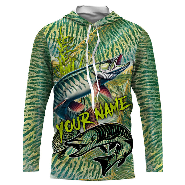 Personalized Muskellunge Fishing jerseys, Musky green scales long sleeve fishing shirts NQS3684