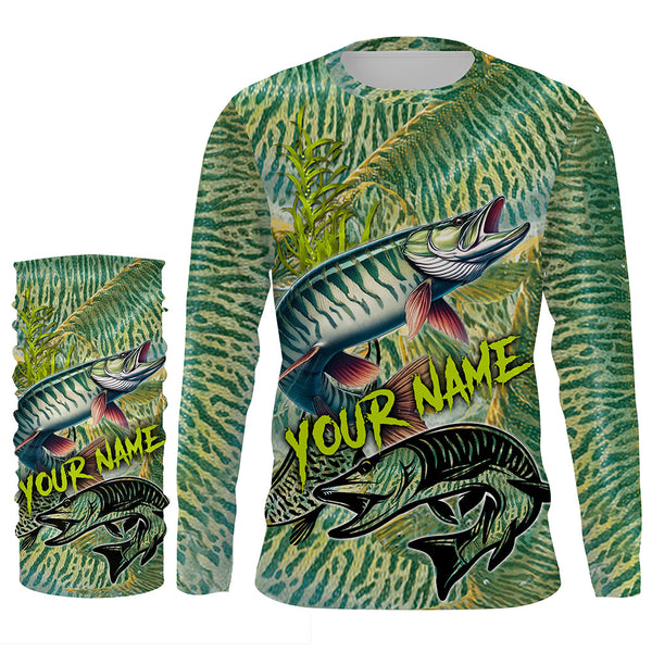 Personalized Muskellunge Fishing jerseys, Musky green scales long sleeve fishing shirts NQS3684