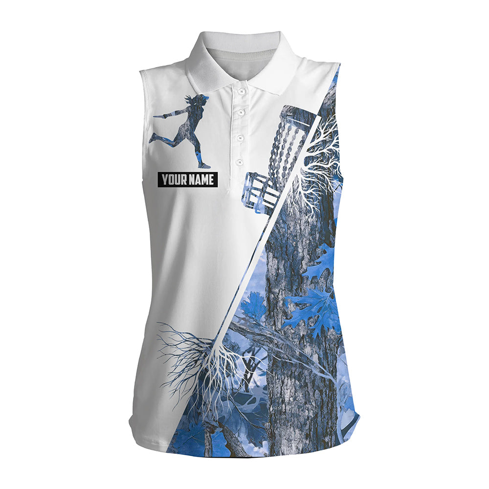 Blue Camo Womens sleeveless polo shirt custom disc golf jersey, women disc golf apparel NQS9301