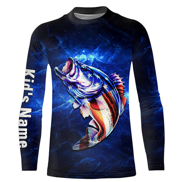 American flag Largemouth Bass Fishing blue galaxy background Custom name UV protection fishing shirts NQS782