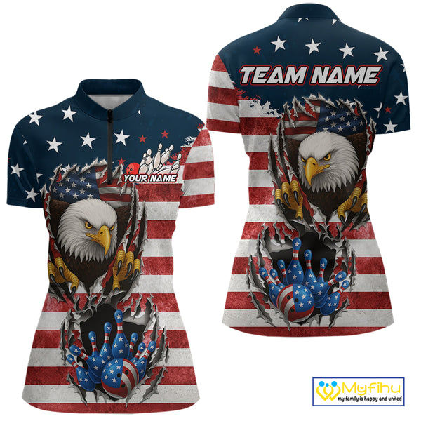 Vintage American Flag Eagle Bowling Polo,1/4 Zip Shirt for Women Custom Patriotic Team Bowling Jersey NQS10569
