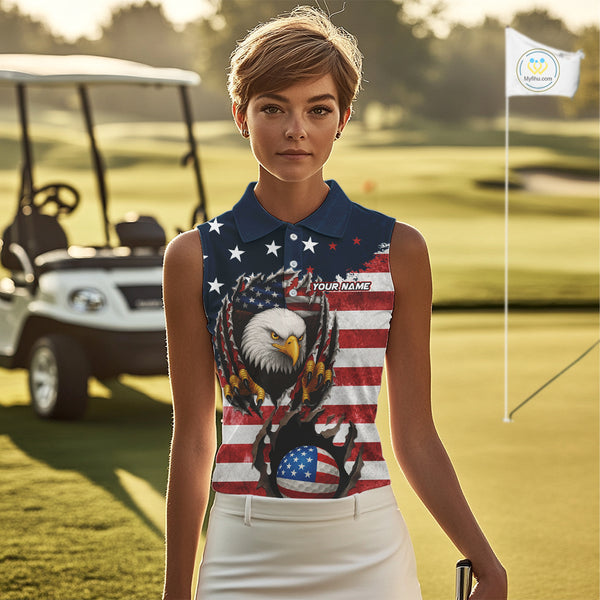 Vintage American Flag Eagle Womens Sleeveless polo shirts Custom Patriotic Team Golf top for ladies NQS10570