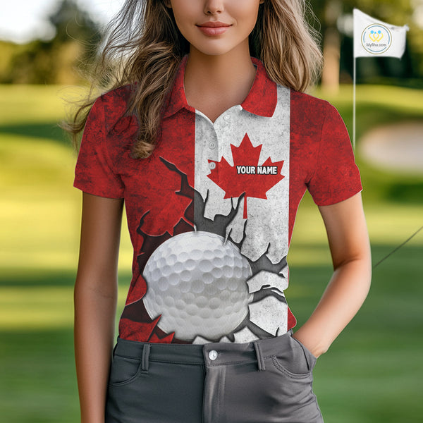Vintage Canadian Flag broken golf ball Women Golf polo shirts Custom patriotic Golf attire For ladies NQS10050