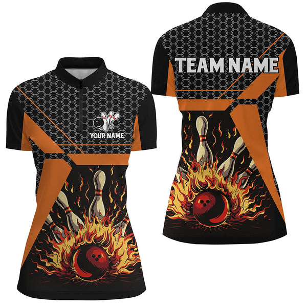 Flame Bowling polo, Quarter zip Shirts for women Custom team Bowling jerseys, bowling gifts | Orange NQS7971