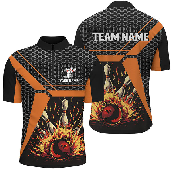 Flame Bowling polo, Quarter zip Shirts for men Custom team Bowling League jerseys, bowl gifts | Orange NQS7971