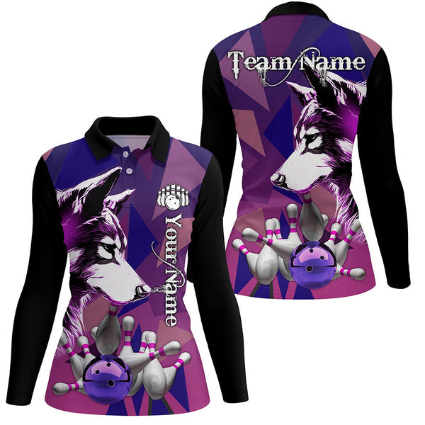 Purple Wolf Bowling Polo, Quarter Zip Shirts For Women Custom Bowling Team League Jersey Bowler Outfit NQS8403