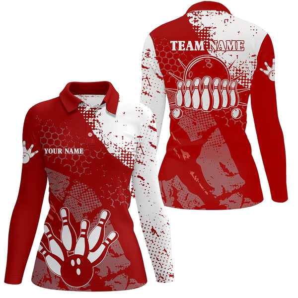 Red and white Women bowling polo shirts Custom retro bowling ball pins bowling team league jerseys NQS6500