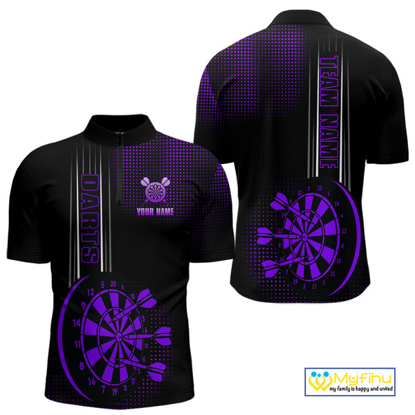 Personalized Black and Purple Darts Polo, Quarter Zip Shirt For Men Custom Dart Outfit Team Jerseys NQS10594