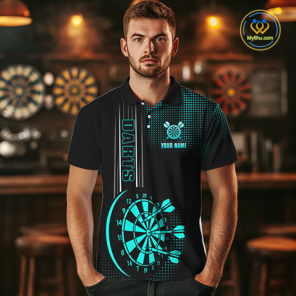 Personalized Black and Turquoise Darts Polo, Quarter Zip Shirt For Men Custom Dart Outfit Team Jersey NQS10595
