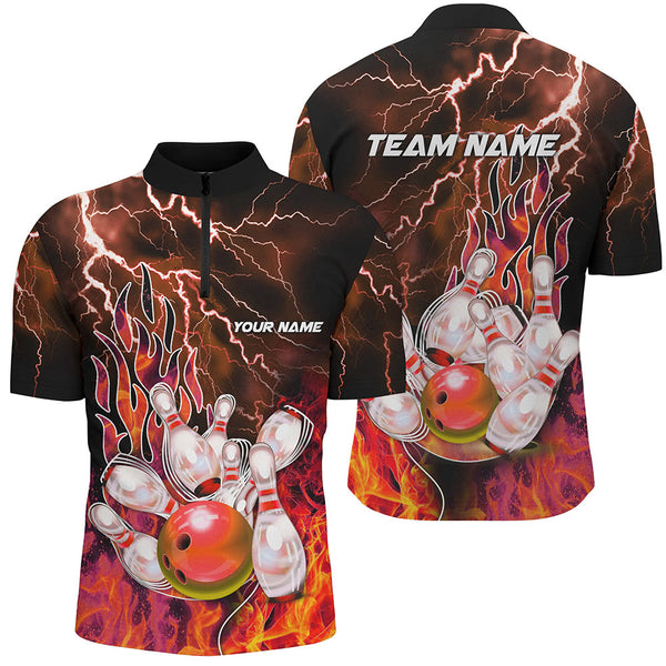 Men Bowling Polo, 1/4 Zip Shirt Custom orange lightning thunder Bowling Team Jersey, gift for Bowlers NQS8174
