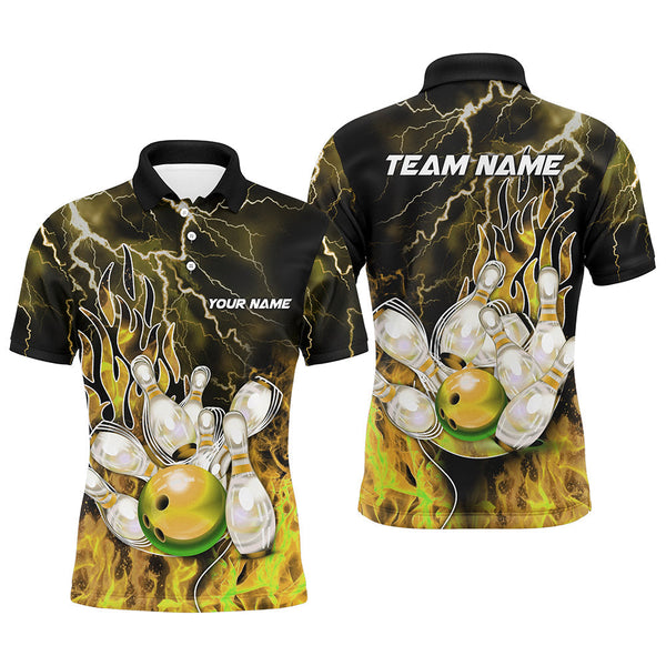 Men Bowling Polo, 1/4 Zip Shirt Custom yellow lightning thunder Bowling Team Jersey, gift for Bowlers NQS8176