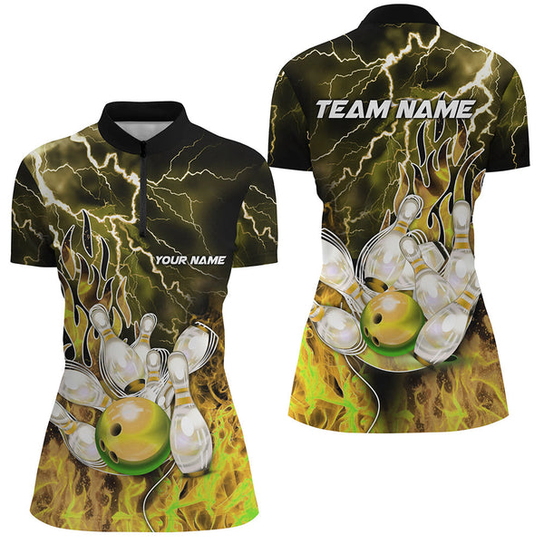 Women Bowling Polo, 1/4 Zip Shirt Custom yellow lightning thunder Bowling Team Jersey, gift for Bowler NQS8176