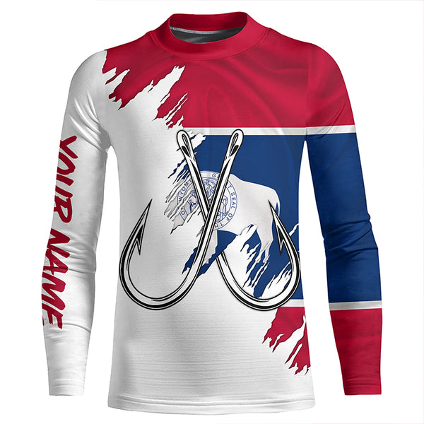 Wyoming flag WY Fishing Fish Hook UV protection custom long sleeve Patriotic fishing apparel NQS8191