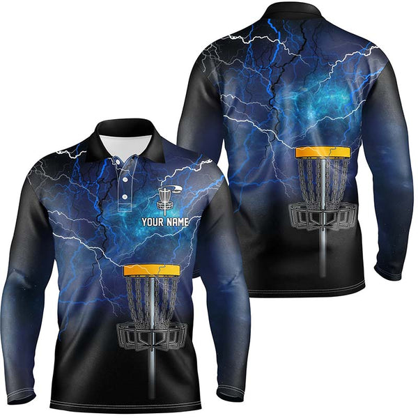 Mens disc golf polo shirt custom blue lightning thunder disc golf shirt, mens disc golf tops NQS7142