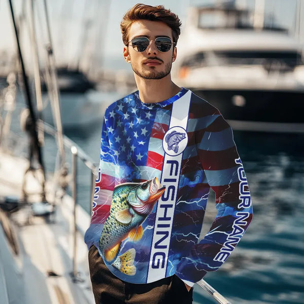 American flag Crappie lightning Long Sleeve Fishing Shirts custom Patriotic Crappie fishing jerseys NQS9472
